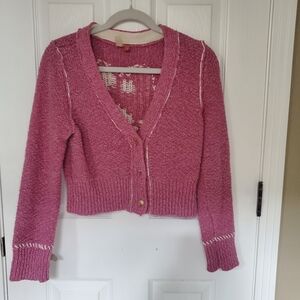 Pilcro Pink Cardigan Sweater with Cream Accents
